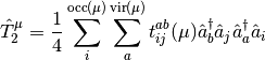\hat{T}^\mu_2 =\frac{1}{4} \sum_i^{\textrm{occ}(\mu)} \sum_a^{\textrm{vir}(\mu)} t_{ij}^{ab} (\mu) \hat{a}^\dagger_b \hat{a}_j \hat{a}^\dagger_a \hat{a}_i