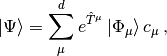 \left| \Psi \right \rangle = \sum_\mu^d e^{\hat{T}^\mu} \left| \Phi_\mu \right\rangle c_\mu \, \text{,}