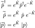 \widetilde{\hat{p}}^{\dagger} &= e^{\hat{K}} \hat{p}^{\dagger} e^{-\hat{K}}\\
\widetilde{\hat{p}} &= e^{\hat{K}} \ \hat{p} \ e^{-\hat{K}} \\
| \widetilde{p} \rangle &= e^{\hat{K}} \ | p \rangle