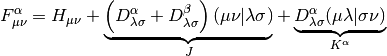 F_{\mu\nu}^{\alpha} = H_{\mu\nu}
+ \underbrace{\left(D_{\lambda\sigma}^{\alpha} + D_{\lambda\sigma}^{\beta}\right)
(\mu\nu|\lambda\sigma)}_{J}
+ \underbrace{D_{\lambda\sigma}^{\alpha} (\mu\lambda|\sigma\nu)}_{K^{\alpha}}